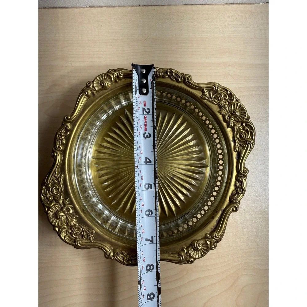 Vintage Brass Gallery Tray Ornate Floral‎ Rim Starburst Cut Glass Insert